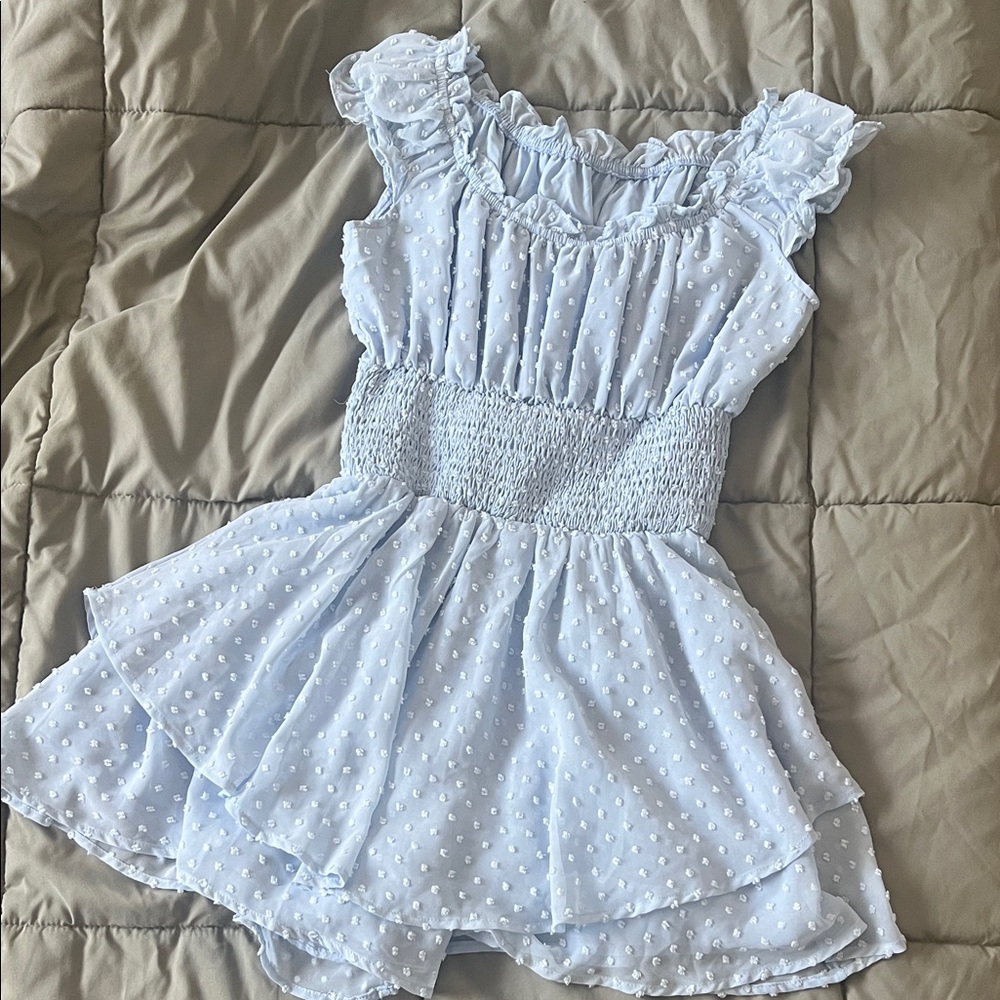 Light Blue Ruffled Romper with Dots